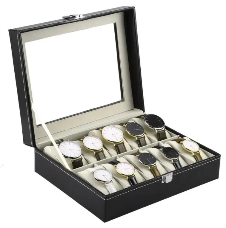 Boîtes de surveillance Cas 10 grilles Boîte à revêtement de montre en cuir PU Westes en cuir Affichage Boîtes de rangement de bijoux rectangle FO 4586627