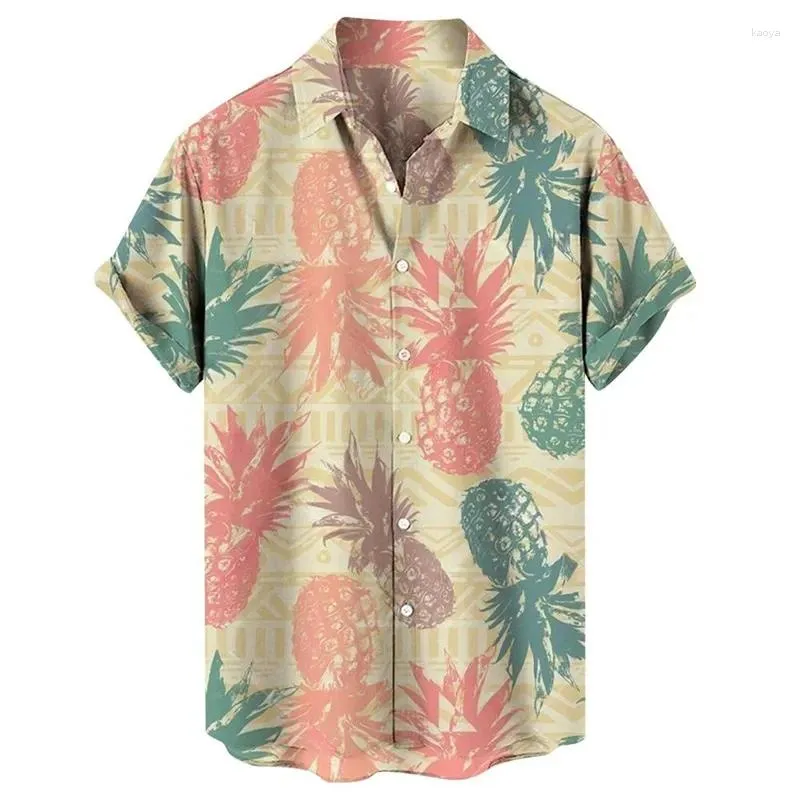 Mäns avslappnade skjortor 3D-tryck tropiska frukter ananas strandskjorta hawaiian semester lapel kortärmad utomhus överdimensionerade toppar