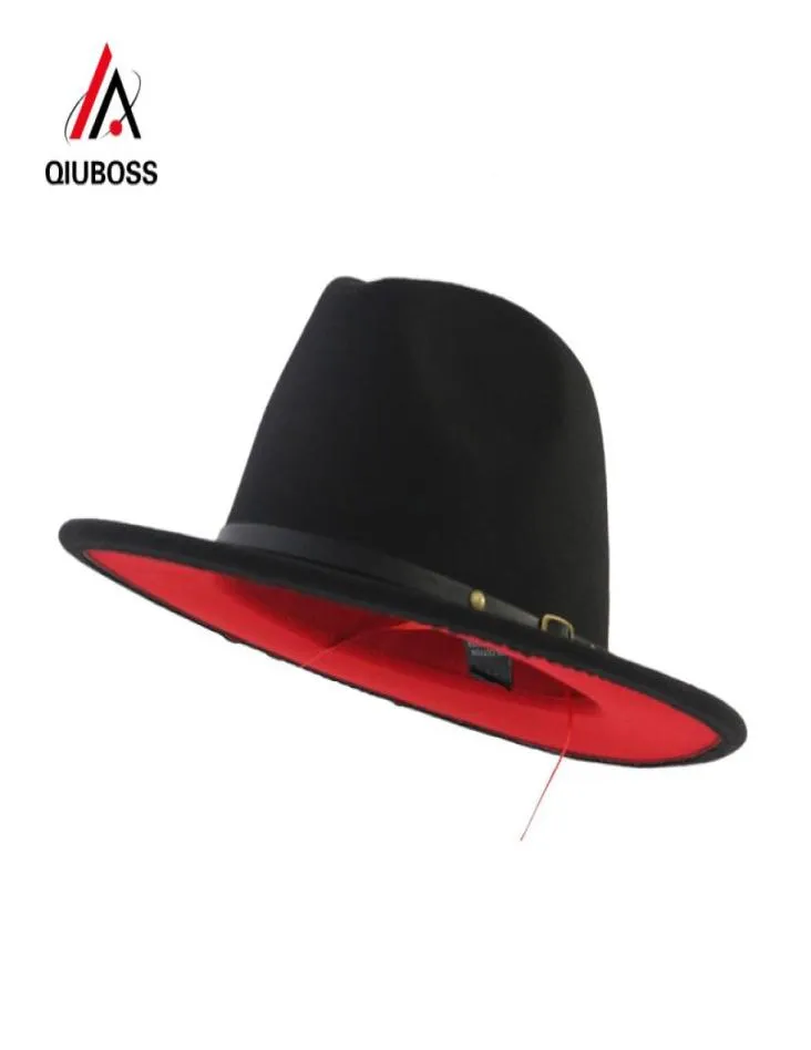 QIUBOSS Black Red Patchwork Wool Felt Jazz Fedora Hats Belt Buckle Decor Women Unisex Wide Brim Panama Trilby Cowboy Cap Sunhat T29111554