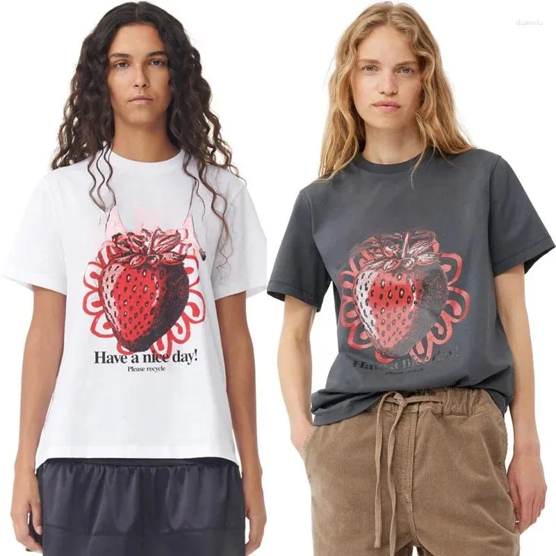 T-shirts pour femmes spot nord en Europe 2024 printemps et estival imprimé de fraise décontracté cou rond coton coton à manches courtes t-shirt t-shirt