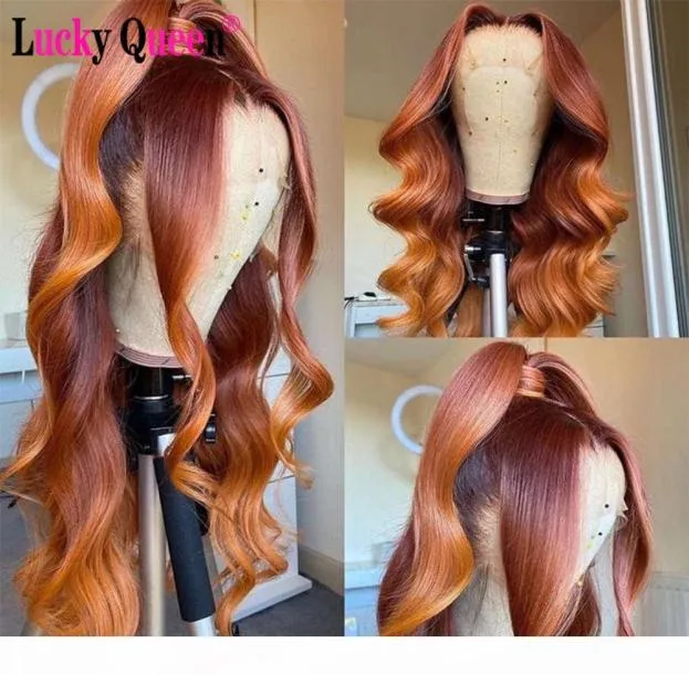 Ombre Orange Ginger Colored 13x4 Lace Front Human Pre Plucked For Black Women Brazilian Loose Wave Remy Hair Wigs9595262