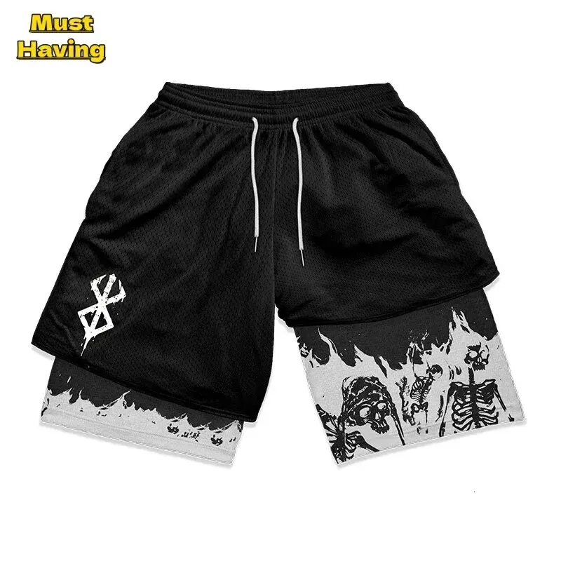 1PC MENS BEACH PANTS SUMME Shorts 2 en 1 Berserk Guts 3d Dry Running Running Training Jogger Fitness Gym Sport 240423