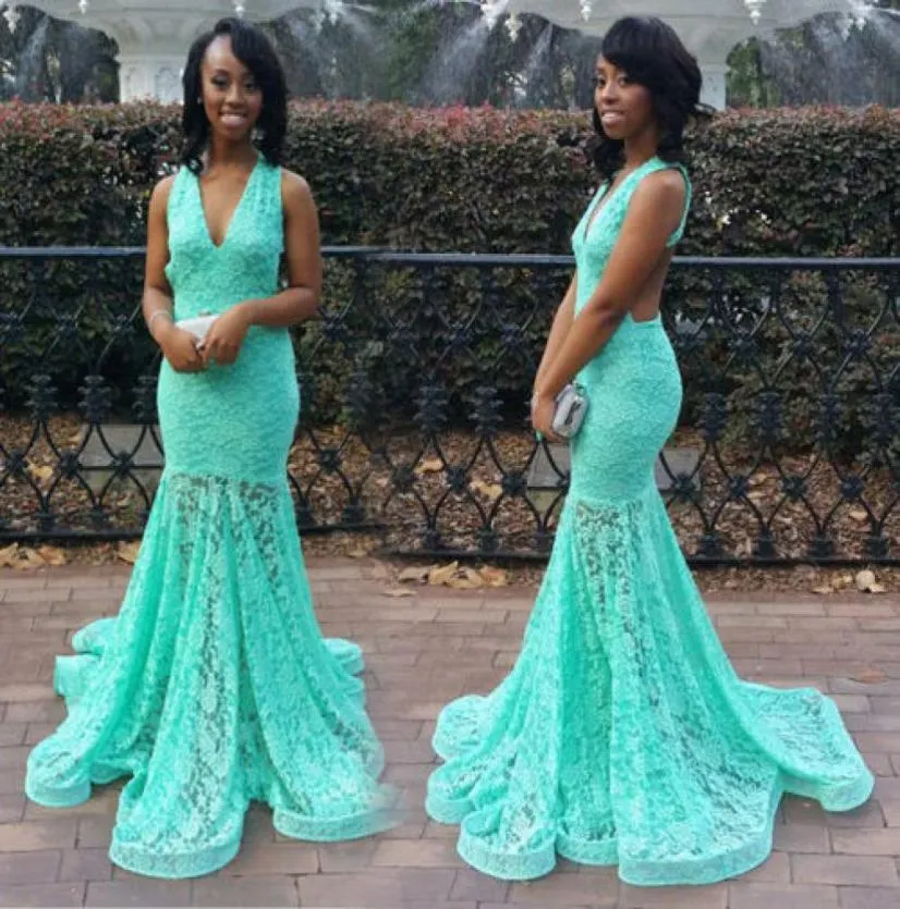 Turquoise Green Full Lace Mermiade Prom Party Robes African V Neck Robe de Soire Sweep Train Formal Long Svening Pageant Gowns4153620