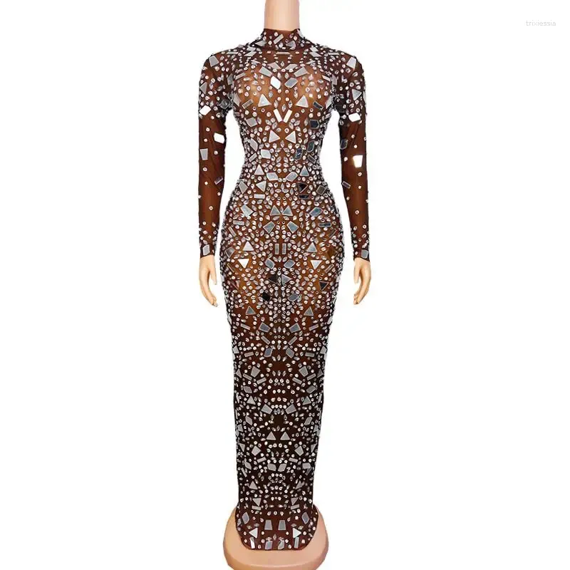 Modelo de cantor de desgaste do palco Host Sexy Luxury Ball vestido de bola Shiny Rhinestones espelhos Mesh Veja através do Vestido Longo Mulheres Mulheres Destas Noite