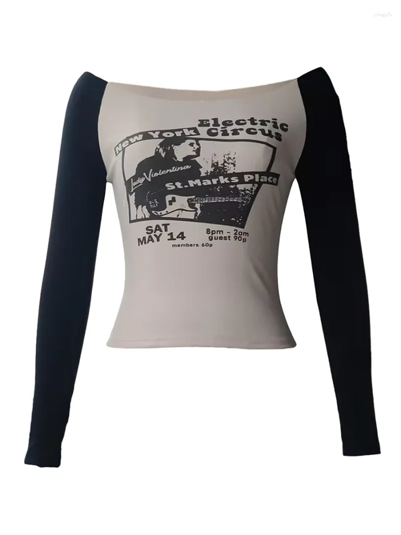 Kobiety dla kobiet Kobiety gotycki długie rękaw krótkie koszulki litera vintage druk łódka szyja sprężyna jesień szczupła dopasowanie tops streetwear