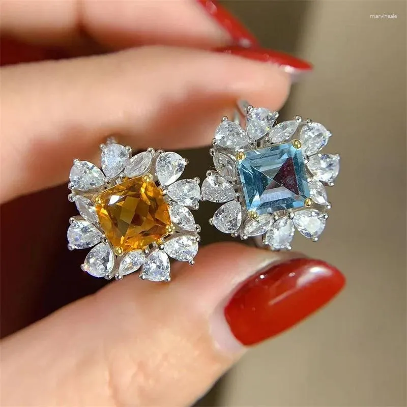 Anelli a cluster Anello 925 Silver Natural Citrine Blue Topaz Luxury Square Wedding per donna gemma con certificato 7x7mm