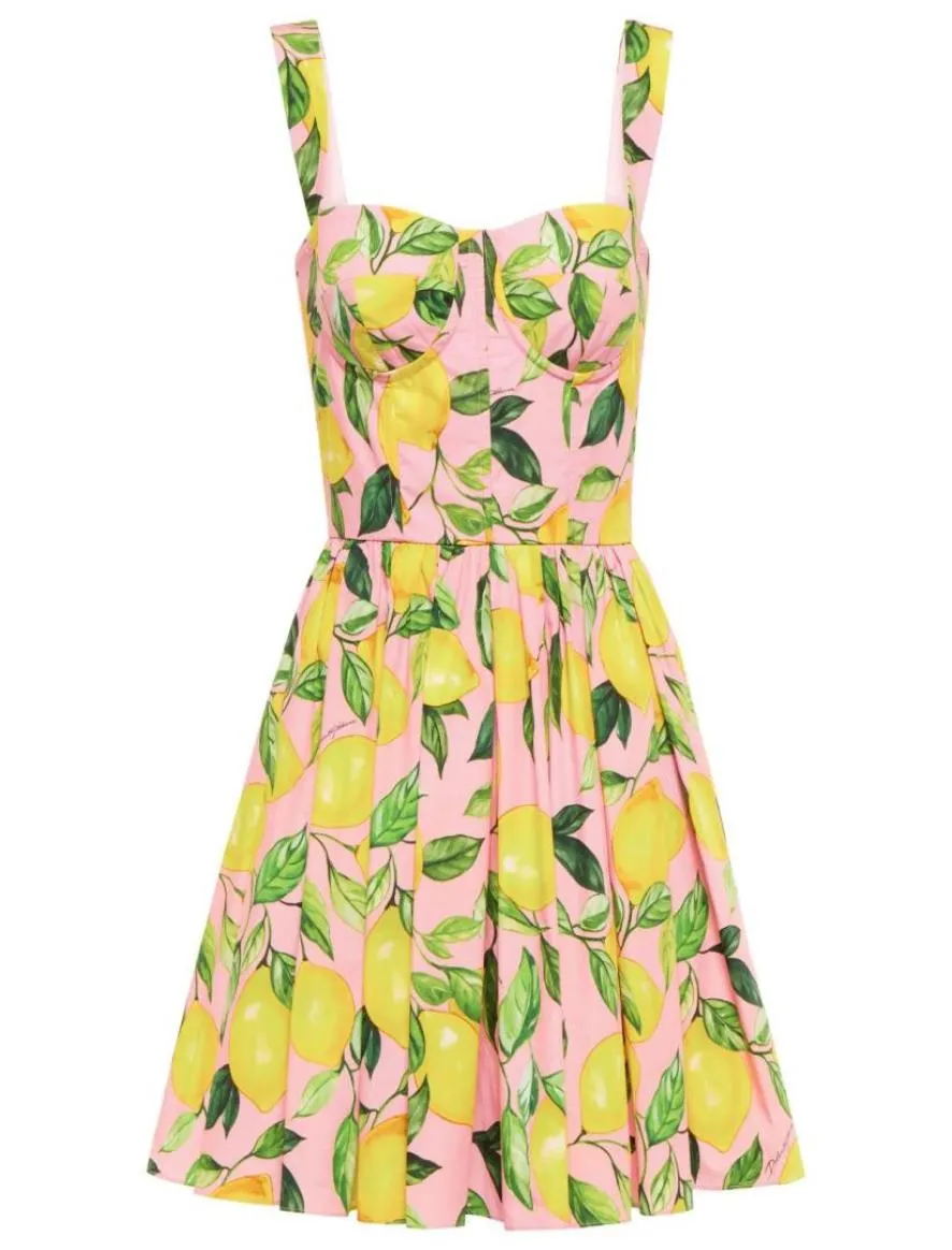 2022 European Luxury Dress Designer Design Green Foundation Makeup Lemon Cotton Suspender Dress7065850