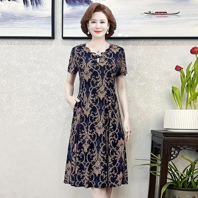 Vintage Print Slim Fit Party Dress for Women - Elegant and Casual Sundress for Middle Age and Summer