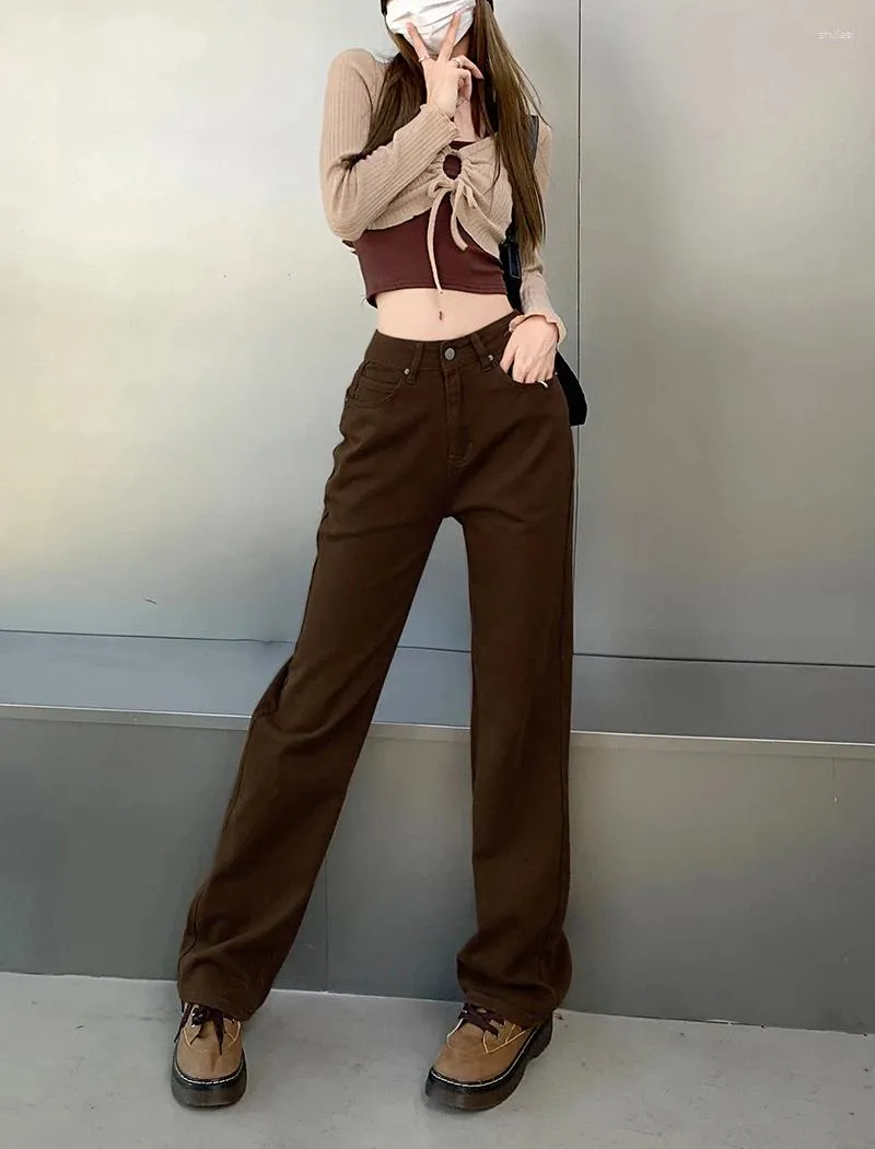 Women's Jeans American Style Coffee Colored High Waisted For Autumn Loose Straight Leg Pants Instagram Street Trend
