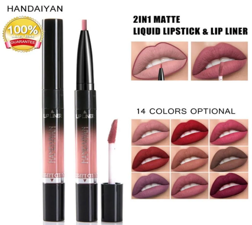 2 I 1 Matte Liquid Lip Lipsick Liner långvarig pigment Naken Färg Läpp Gloss Pen Makeup Cosmetics Bea158 Handaiyan3684175