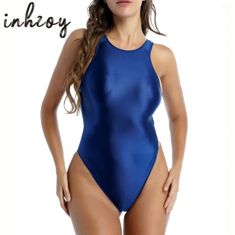 Dames badmode dames glanzend hoog gesneden bodysuit een stuk backless zwempak sexy strakke olie glanzende string turnard badpak