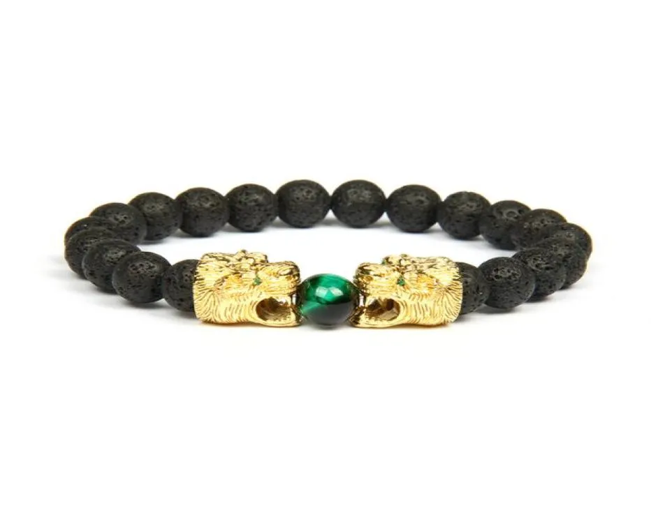 Nya män smycken dubbel leopard lejon tiger huvudarmband med 8 mm naturstenpärlor pärlor armband armband för gåva3701667