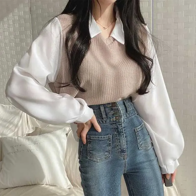 Koszulki bluzki damskiej Y2K Polo Flar Fake Dwuczęściowa koszula do damskiej Spring Spring Casual Korean Shirt Retro luźne wzorzyste top elegancka koszulka z długim rękawem