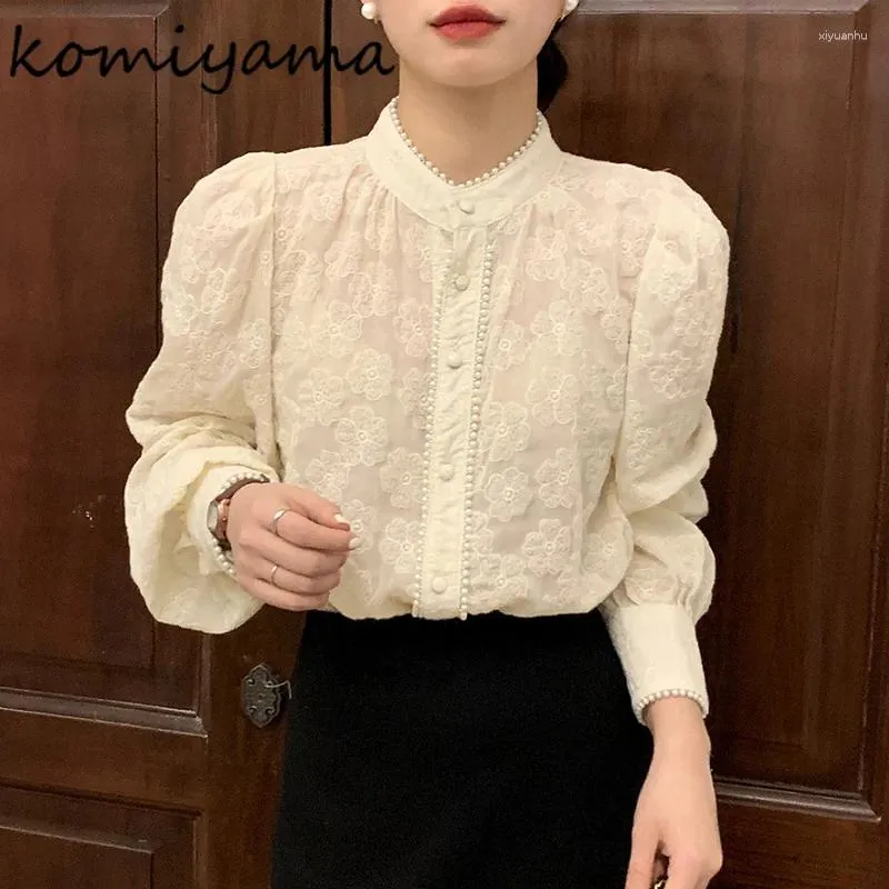 Women's Blouses Komiyama Stand Collar Beading Blusas Mujer Lace Floral Shirts Spring Single Breasted Camisas Long Sleeve Shirt Tops