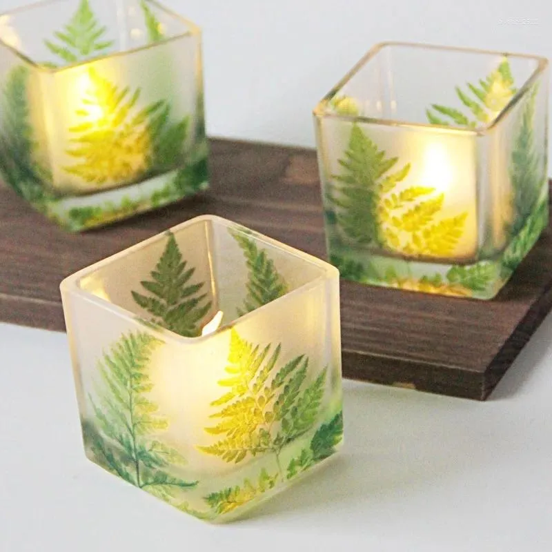Titulares de vela do norte da Europa Jar Diy Fazendo contêiner Green Leaf Cup Square Glass Candlestick decoração romântica