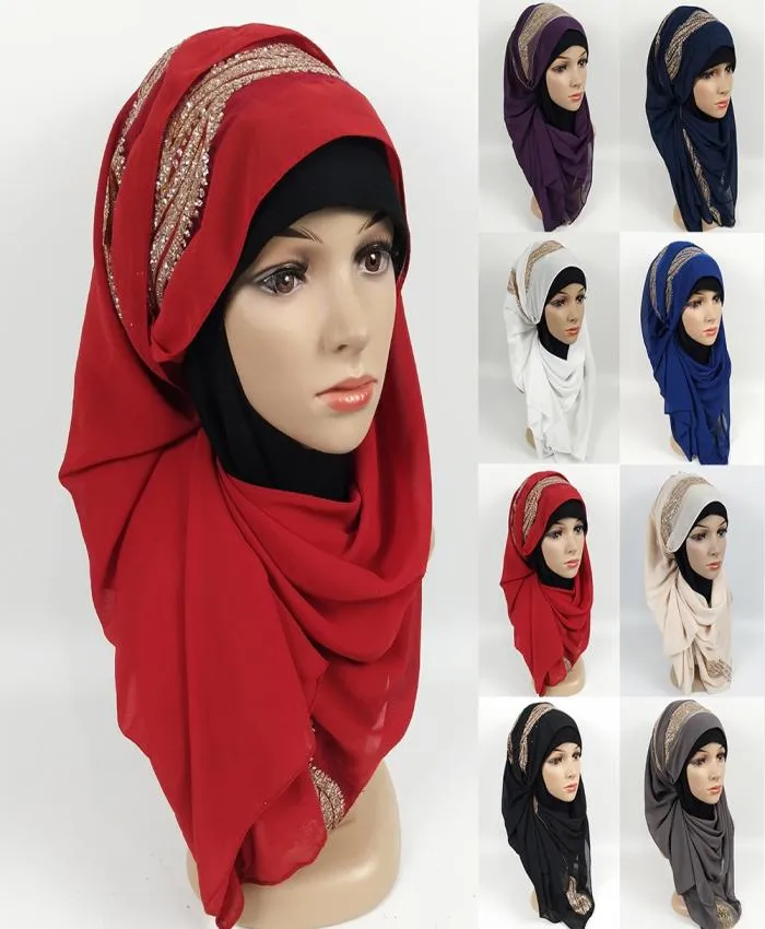 180x75cm High quality Chiffon Women Scarf Plain Muslim Long Shawl rhinestone Hijab Headscarf Lady Hood Wraps Stole6315495