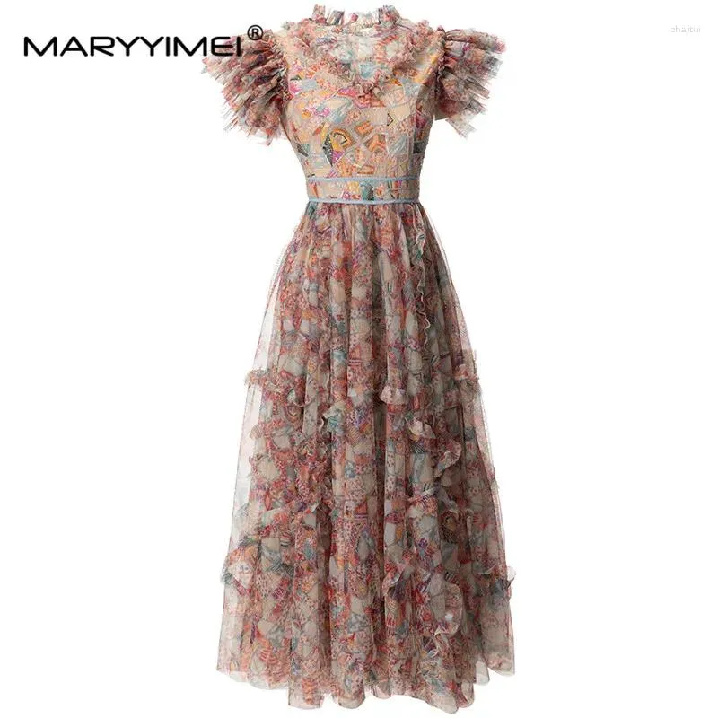 Partykleider Maryyimei Modedesigner Frühling Sommer Frauen Stand Collar Pailletten Ruffen Spleißen schlanker gedruckter Big Swing