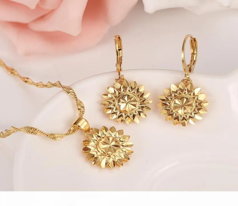 Dubaï Ethiopian Set Jewelry Collier Pendant Pendre Girl REAL 18 K Jaune solide Fine Gf Flower Europe Sett Bridal Set8746335