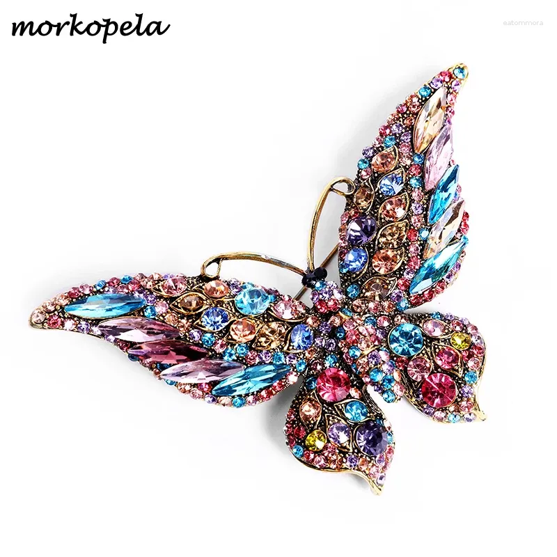 Broşlar morkopela büyük kelebek broş lüks kristal pimi kadınlar için parti ziyafet rinestone pimleri kumaş aksesuarları