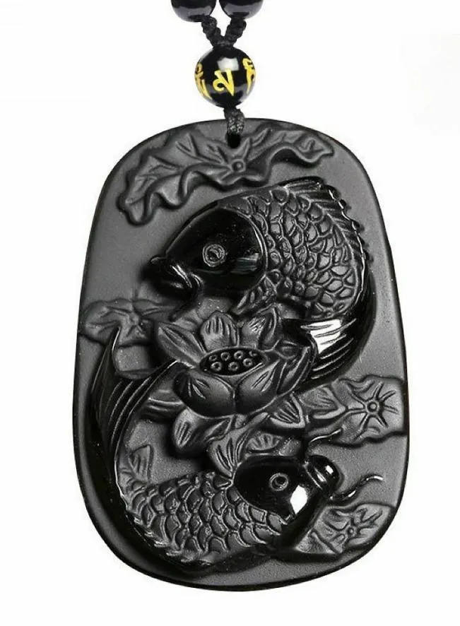 PISCI OBBIDIANI NATURALI LOTO FISH KOI PENDANTE AMULET AMULET con perline3308554