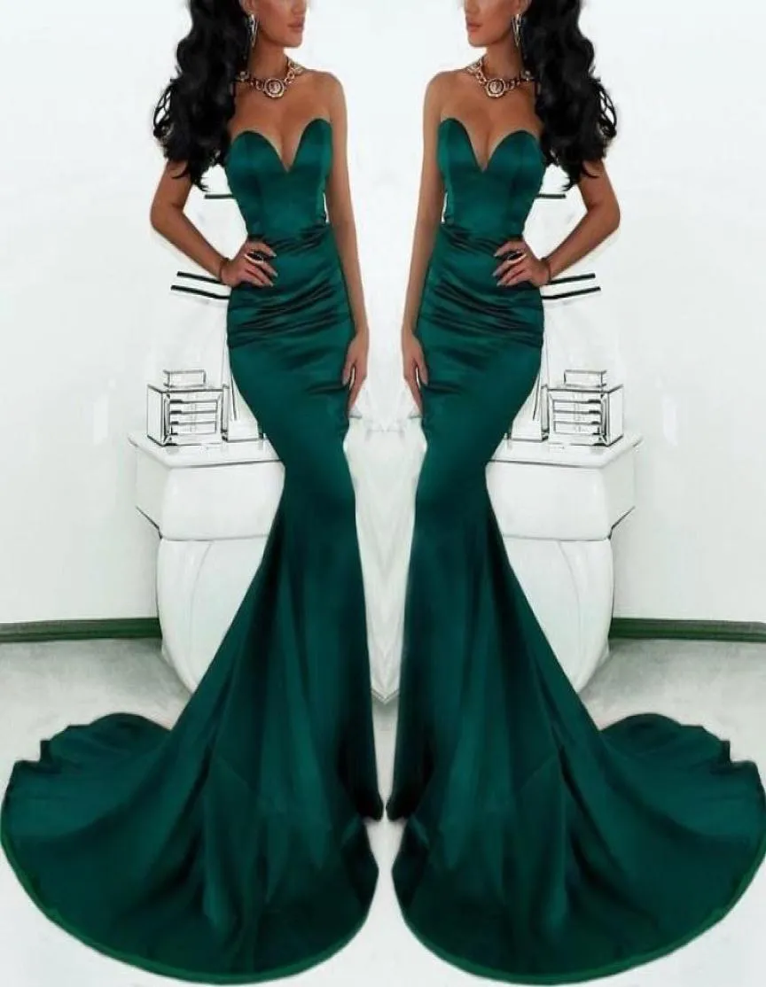 2019 Gorgeous Emerald Green Mermaid Evening Gowns Sweetheart Satin Sweep Train Fishtail Special Occasion Prom Dresses For Women Pl5959116