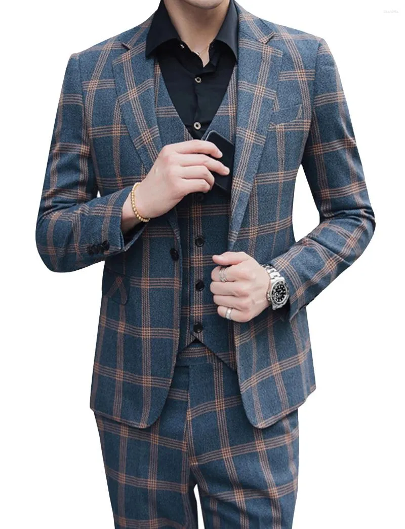 Herrenanzüge plaid moderner Fit 3-teiliger Anzug One Button Jacke Tux Westehose