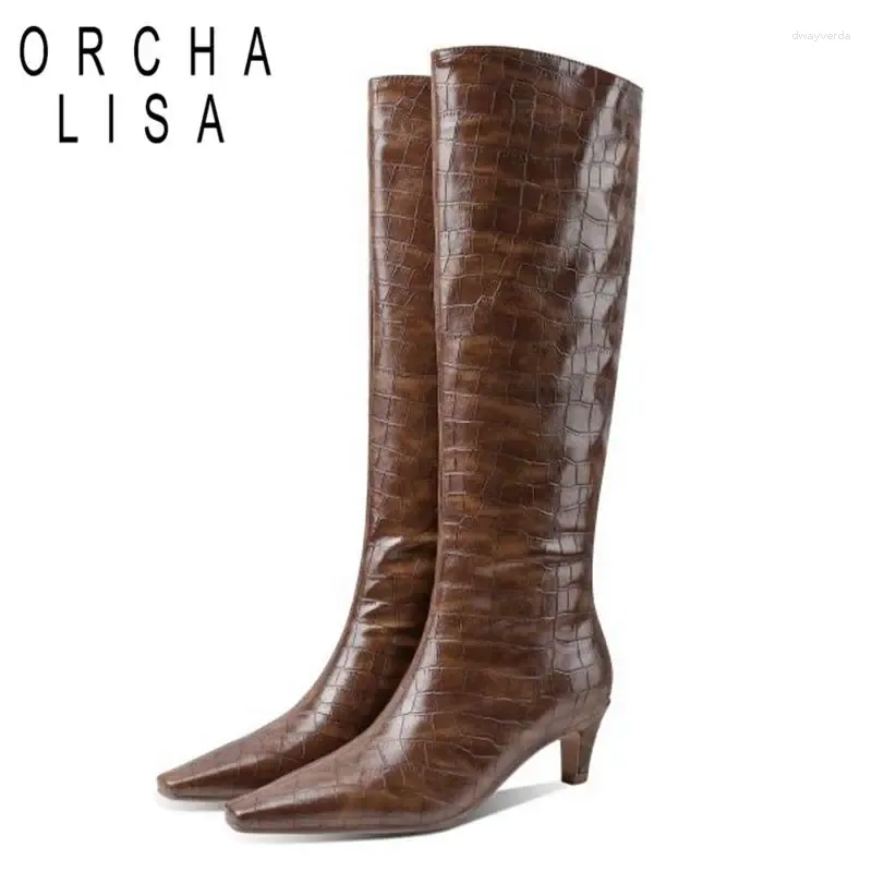 Boots Orcha Lisa Big Taille 43 Knight Knight Long 5,5 cm petit talon mince Tire sur les pieds carrés de jambe larges Chaussures pour femmes