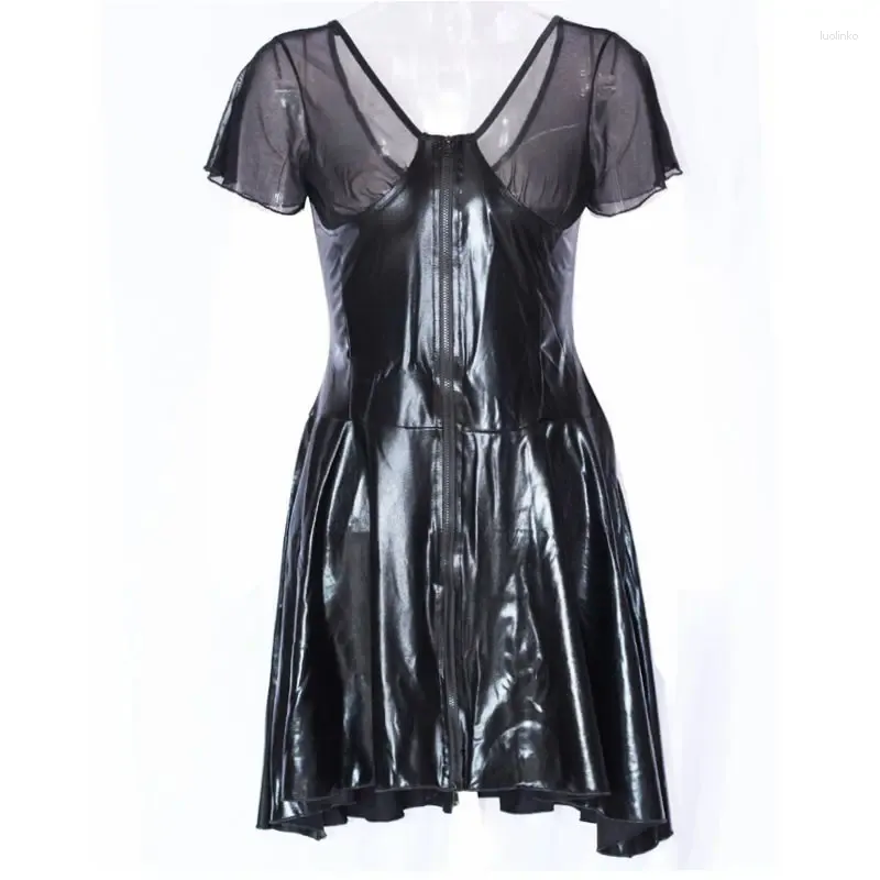Party Dresses Sexy Mesh Vinyl Club Summer Women Clubwear Leather Suede Petticoat Lack Kleid Black Short Transparent Robe