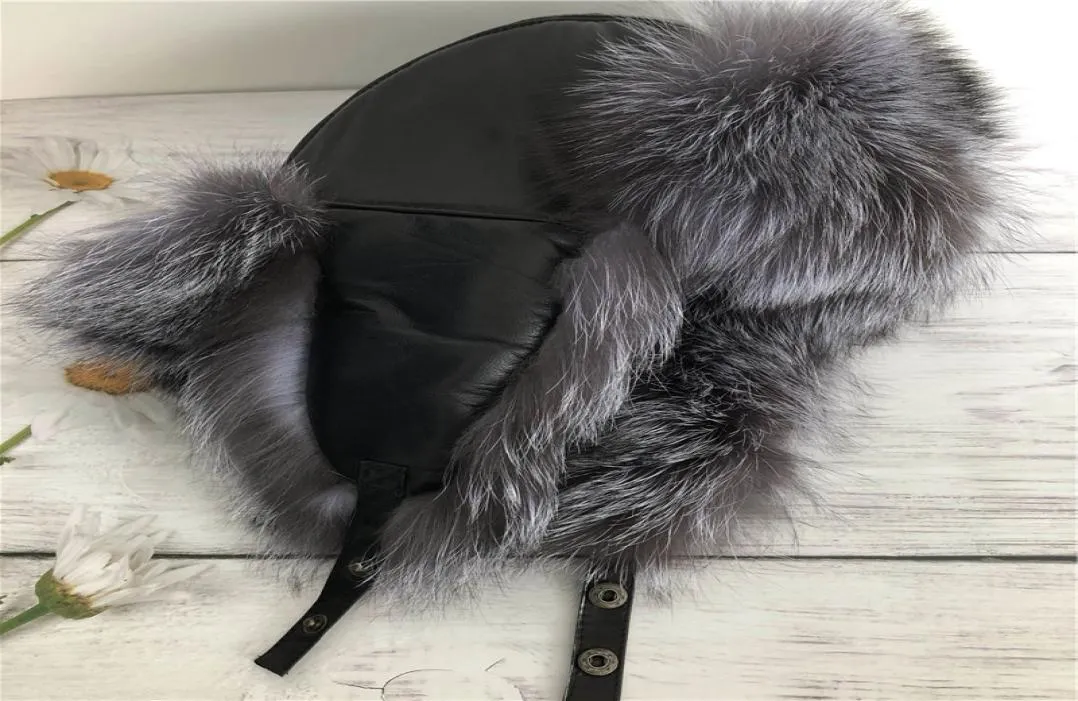 Unisexe Real Silver Fox Fur Hat à fourrure russe Ushanka hivernale chaude aviator Trapper Bomber Ski Earmluffs Cap4371340