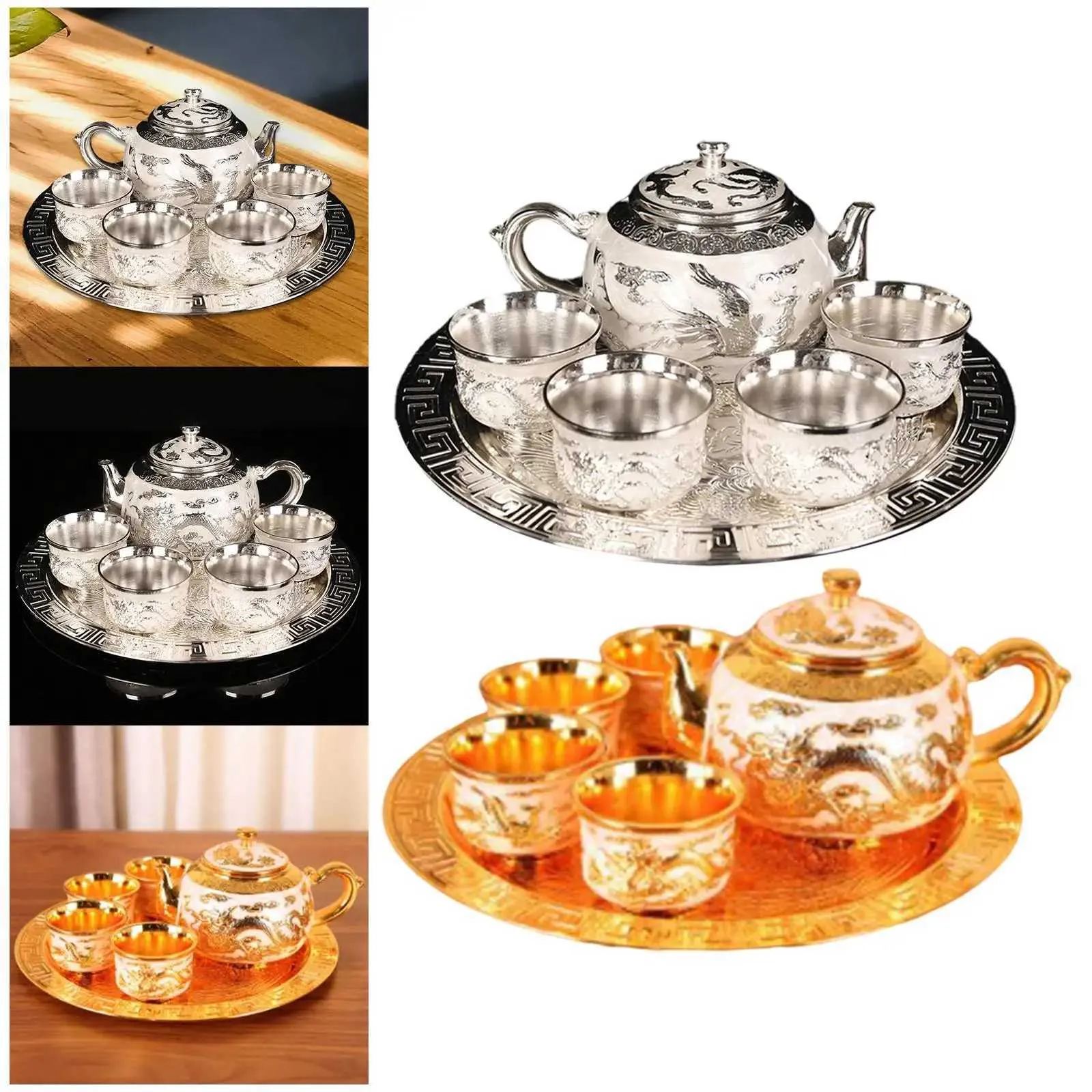 Teapot Set W/ Tray Adults Tea Pot 4 Tea Cups Drinking Coffee Tea Zinc Alloy
