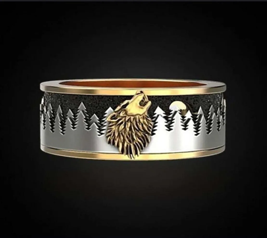 Dark Forest Wolf heulend geschnitztes Muster Ring Gold Farbe Punk Viking Men039s Carbonized Ring Schmuckparty Jubiläum Geschenk9466096
