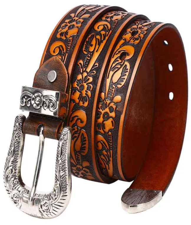 Fashion Two Tone Cowboy Cowboy Cowgirl Wtern Floral Tooled Grain en relief Véritable ceinture en cuir de vache pour hommes Women3760863