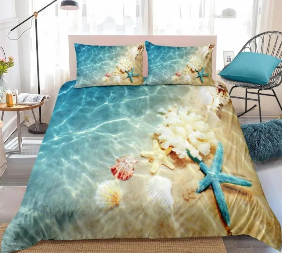 Zestaw pościeli oceanicznych na plaży Zestaw okładki Blue Starfish łóżko Dzieci Teno -Shell Home Tekstyles Summer Bedspread Quilt Cover T206528882