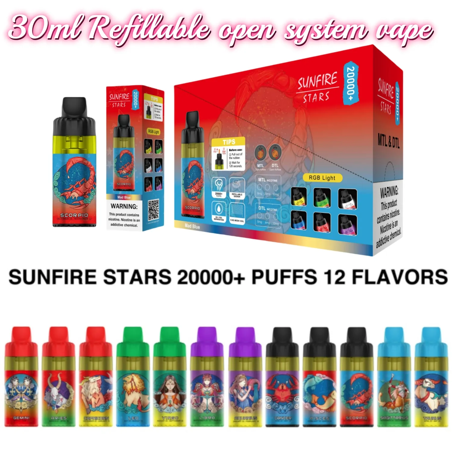 2024 Système ouvert Sunfire Open DTL 20000 Puff Disposable Vape Pen Shisha E Cigarette 0mg 10mg 20mg 50mg 12 Fraves Flavors 12-30 ML