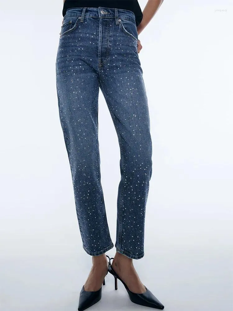 Jeans féminins 2024 Fashion Femmes Vêtements Front Rugestone Five Poches Pantalons High Waist Longle Longue Denim Pantalon Slim Fit Jean