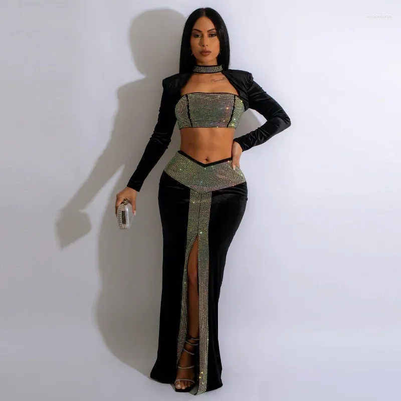 Abiti da lavoro Wuhe Women Diamonds Velvet High Flit Mermaid Trumpt Maxi Long Skirt Abito e Crop Top Top Eventones Sexy SEXY Two Fece Set