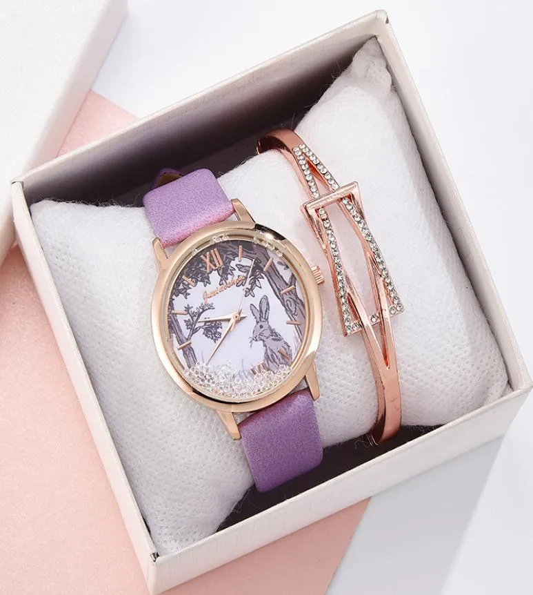 Modehorloge voor vrouwen mode verwijderbare strass Rabbit Dress Ladies Pols Watch Purple Quartz Clock Druppel Reloj7601850