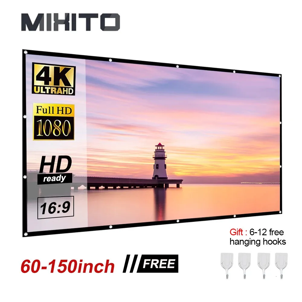 MIXITO Projector Screens 16 9 Proyector 60 72 84 92 120 150Inch Smart Home Outdoor KTV Office Portable Simple Curtain Projection 240430