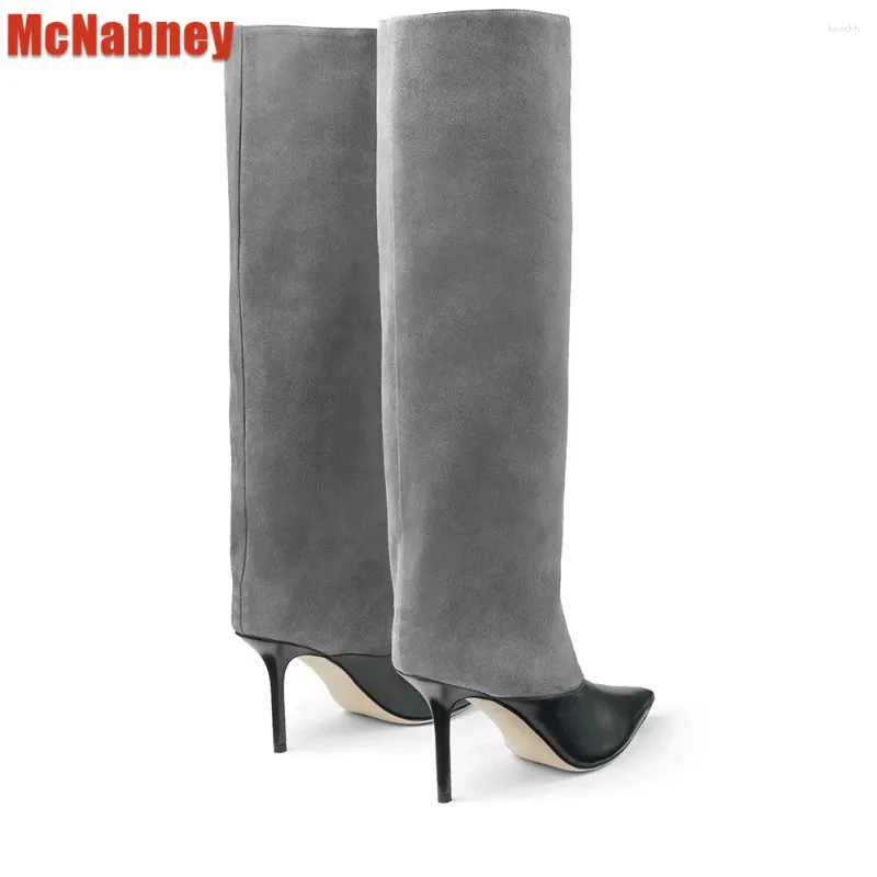 Dress Shoes 2024 Women's Pu High Heels Pointy Toe Stiletto Mid Knee Boots Winter Fashion Thigh Suede Pumps Sexy Lady