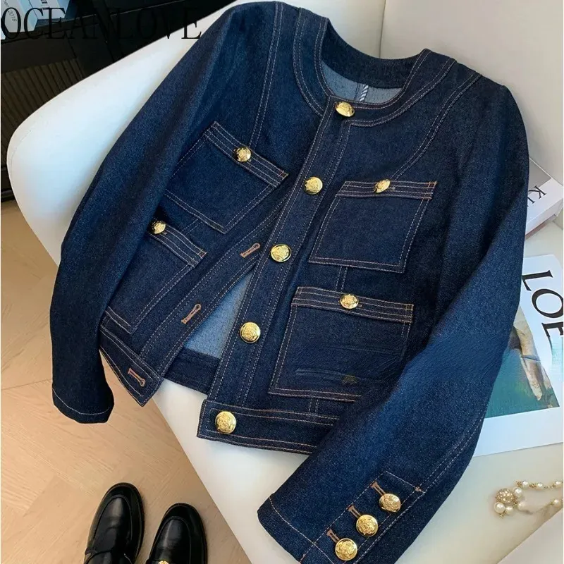 Oceanlove Denim Kurtki dla kobiet Spring Autumn Buttons Vintage Chaquetas Korean Fashion Blue Proste Chic Ropa de Mujer 240423