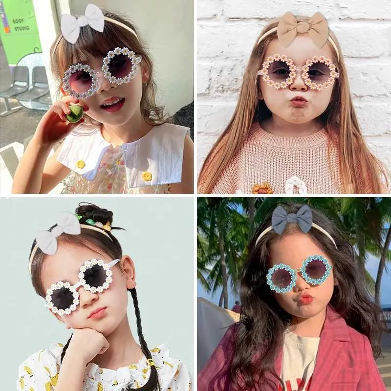 Accesorios para el cabello 2 PC/set nuevos niños lindos color sólido de algodón Bownot Band de la banda para el cabello Flor acrílica UV400 Gafas de sol Set para niños Accesorios para el cabello