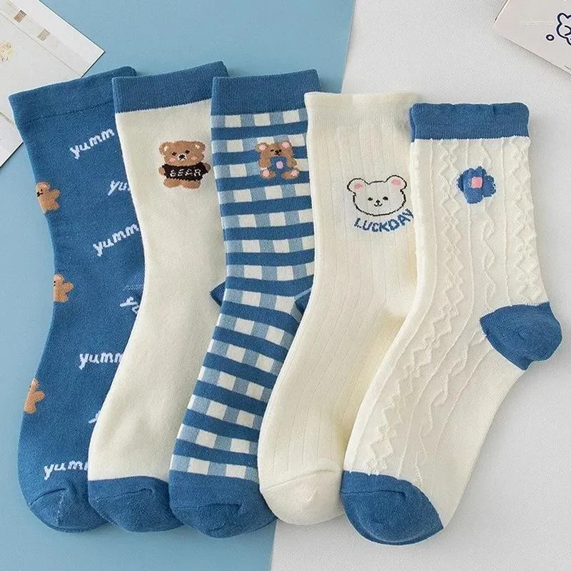 Women Socks Cartoon Cute Bear Blue Plaid For Girls Fashion Student Cotton Spring Summer Kawaii japanska koreanska gåvor