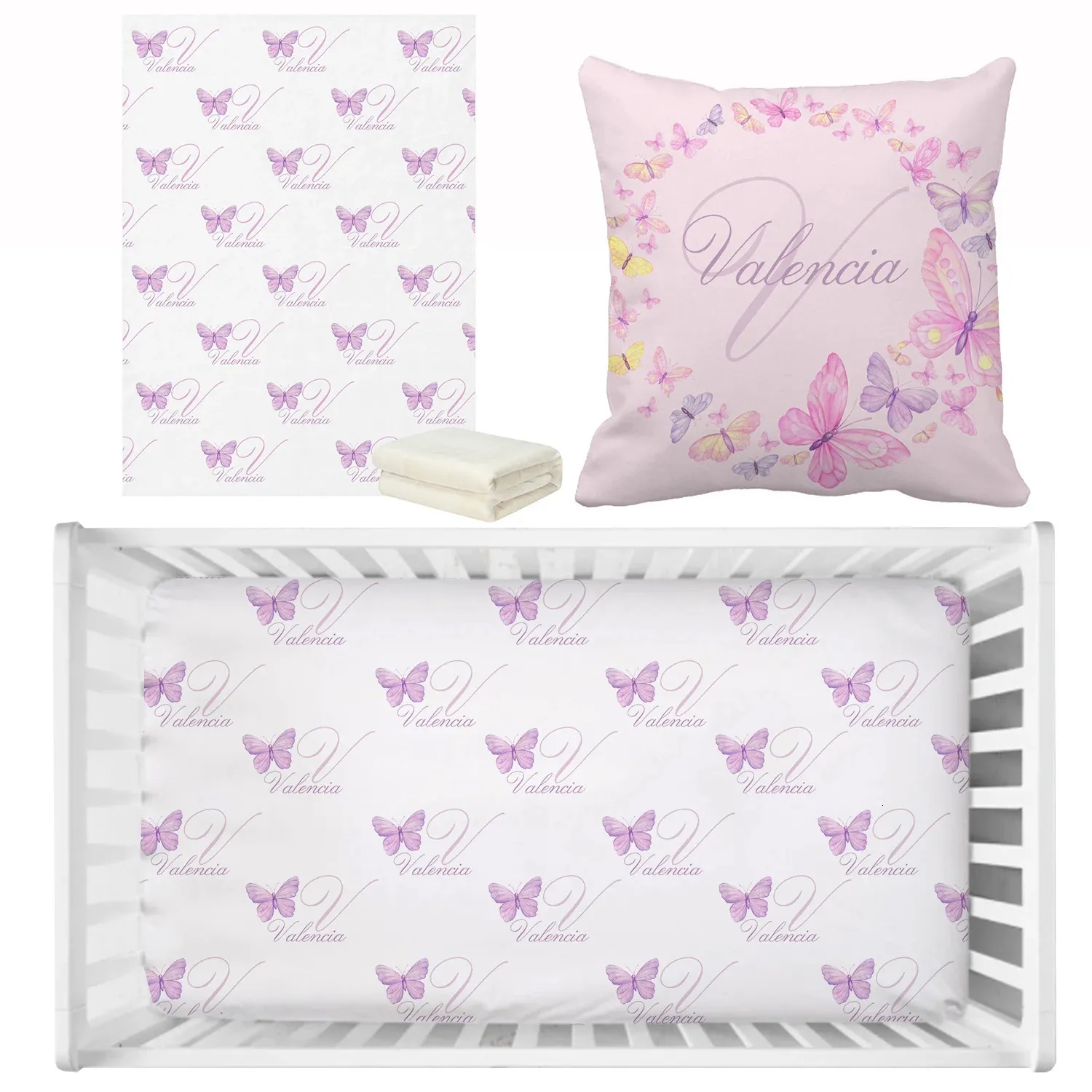 Lvyziho Cute Purple Butterfly Letter bebê menina Nome personalizado Conjunto de roupas de cama para criança Conjunto de roupas de cama para chá de bebê 240429