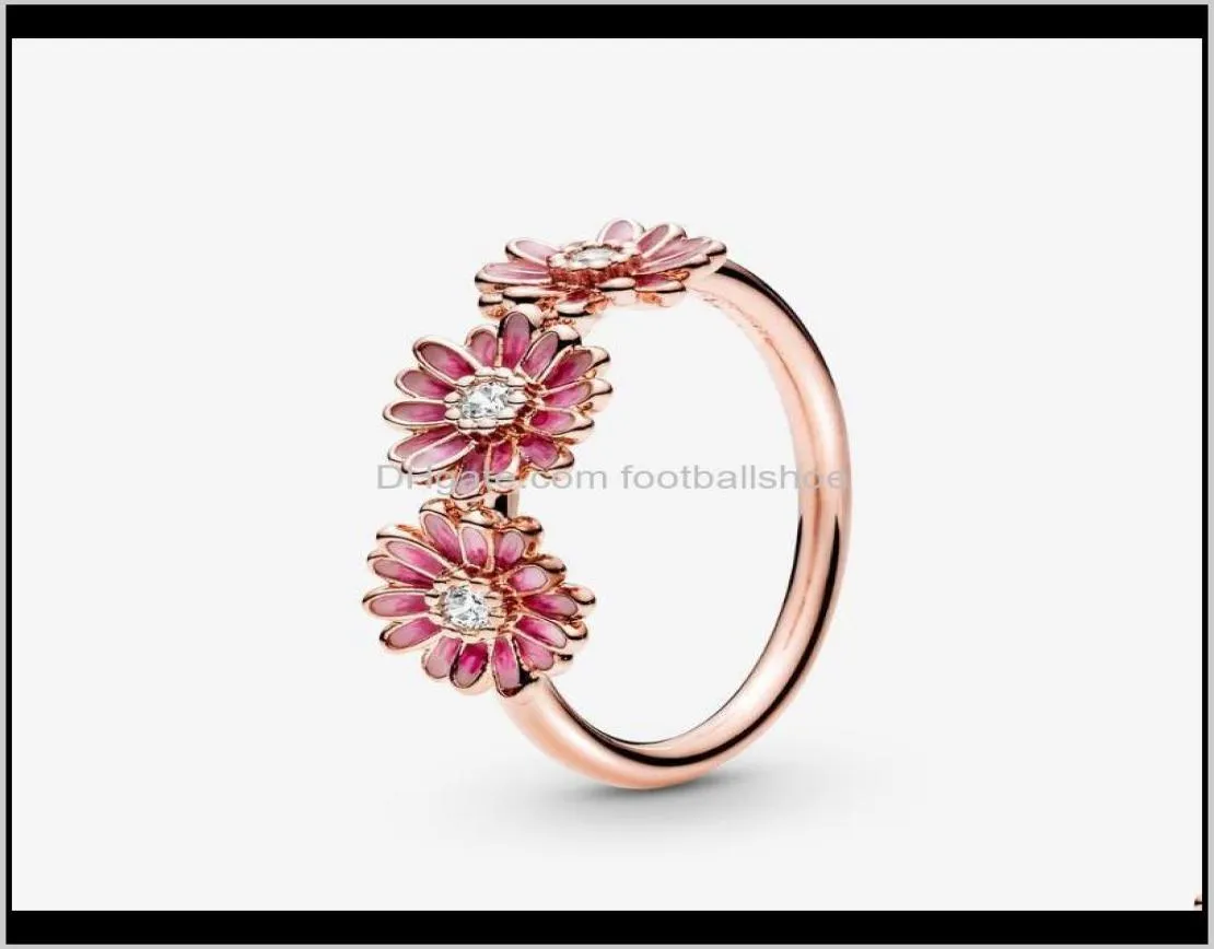 Schmuckoriginaloriginal 925 Sterling Sier Rose Pink Daisy Flower Trio Ring für Frauen mit Verlobungsringen der Hochzeitsrunde Cluster Drop D6745699