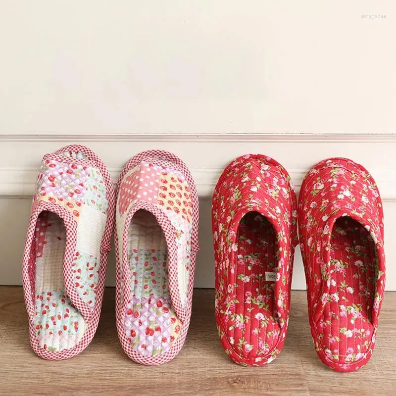 Slippers 25 cm Vintage bloemen Home schoenen vrouwen katoenen stof ademende huis slipper naaien comfortabele platte indoor zachte reizen
