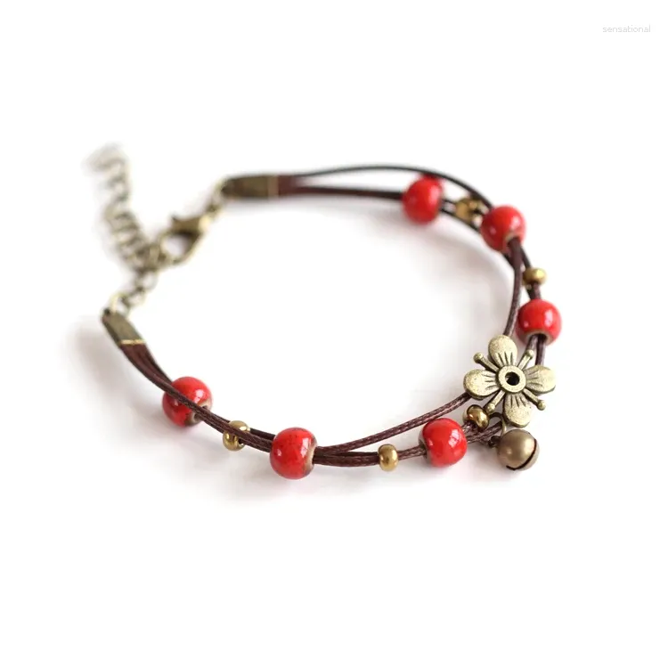 Strand Hand Made Ceramic Beads Bracelet Small Tinkle Bell Flower Adjustable Chain BOHO Bracelets #1089