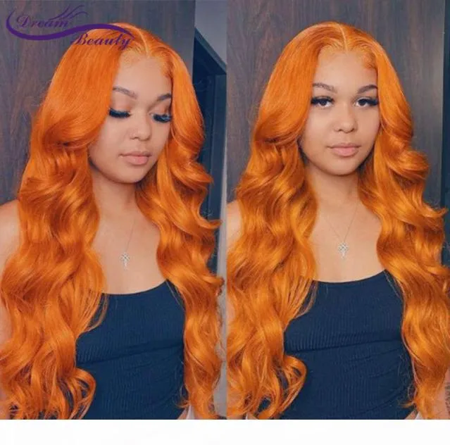 Oranje gemberkleur 13x6 voorste voorgeplukte Braziliaanse golvend menselijk haar gluueless 180 dichtheid remy kanten frontale pruiken6756506