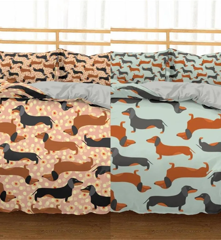 ホームスキー漫画ダックスフンドの寝具セットかわいいソーセージ犬布団カバーセットペット印刷された掛け布団セットベッドリネンベッドクロスC02238818739