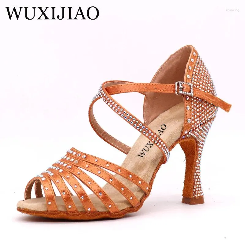 Chaussures de danse wuxijiao bronze noir satin latin dames salsa strass de bal talon 5cm-10cm