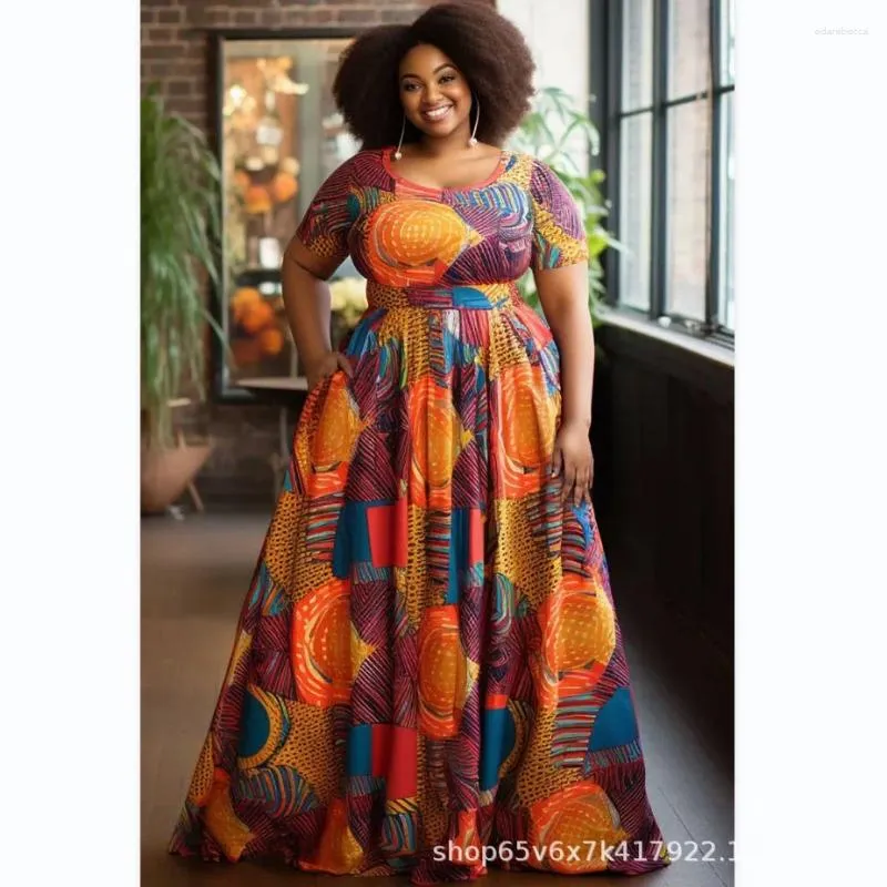 2024 Oversized Pleated Printed Plus Size maxi dress for Women Loose Fit Crew Neck with High Waist and Decorative Design